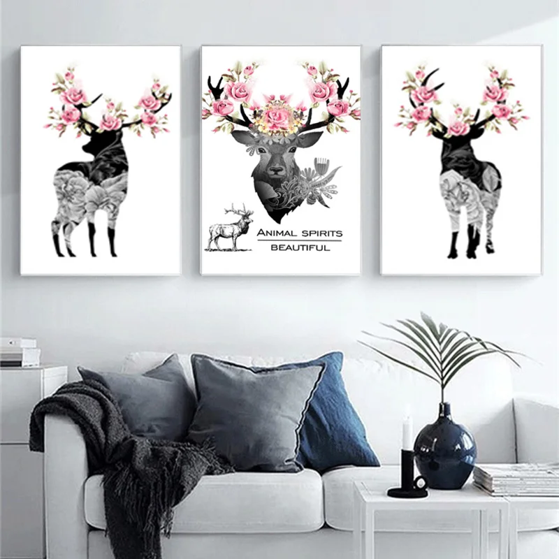 RELIABLI Арт холст картины Черный и белый олень с цветком фотографии Wall ART Для