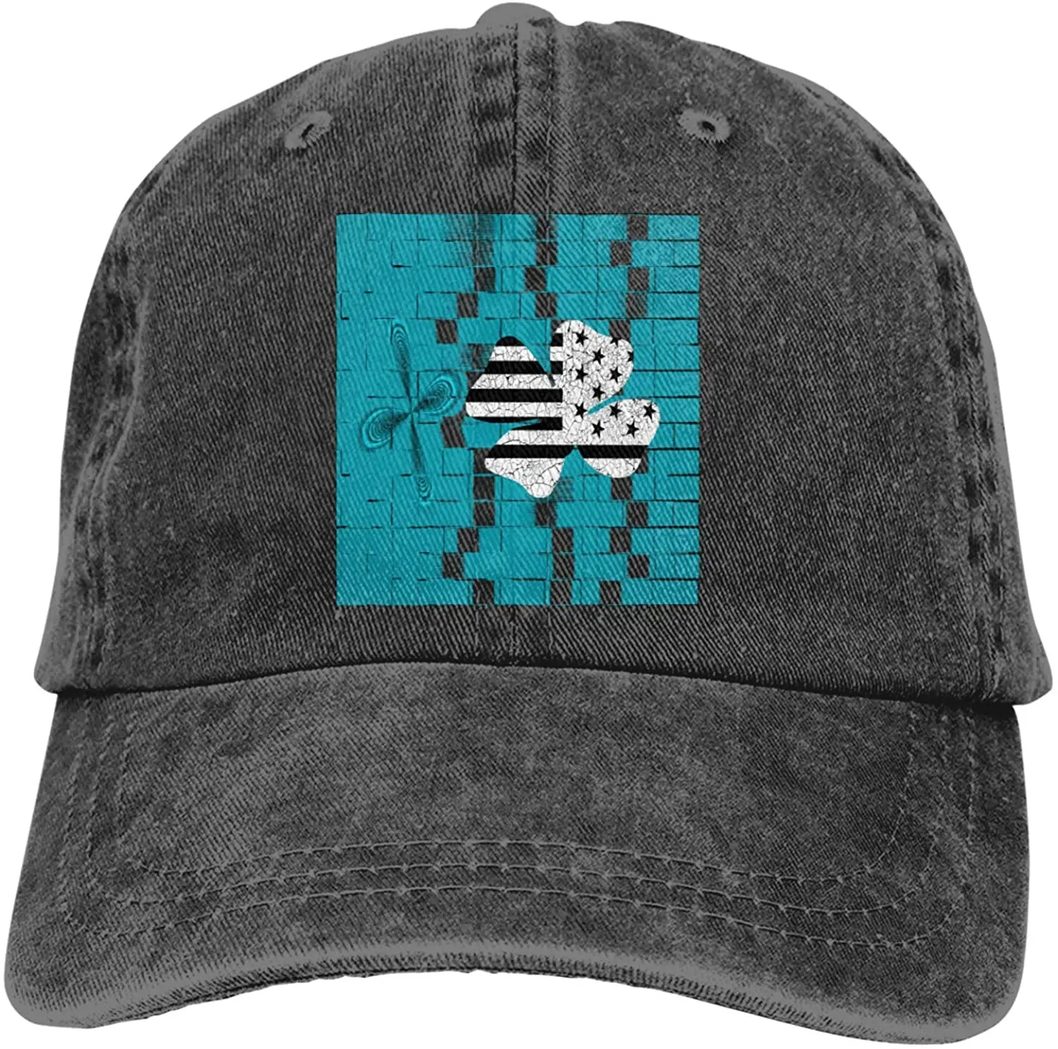 

American Flag Clover in Light Blue Grid Sports Denim Cap Adjustable Unisex Plain Baseball Cowboy Snapback Hat