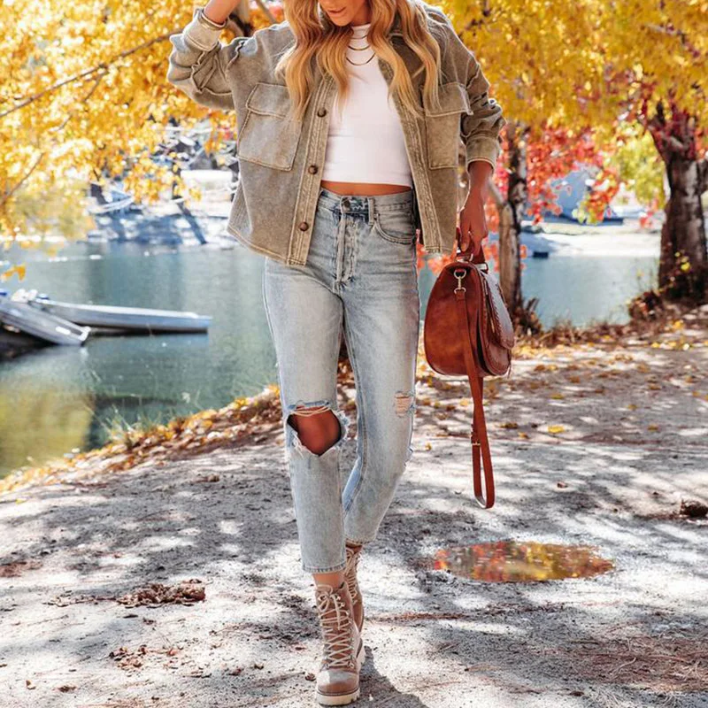 

Autumn Winter Retro Patchwork Jacket Casual Turn-down Collar Button Women Coat Fashion Pocket Lady Shirt Tops Outwear Streetwear