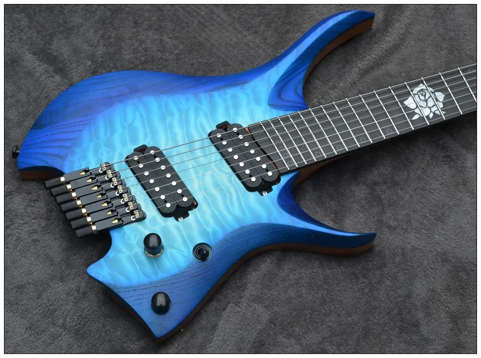 2021new aufgefächert bünde 7 saiten headless e gitarre blau farbe 5 lagen gerösteten ahorn hals ebenholz griffbrett mit inlay free glob
