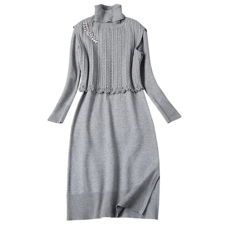 

Women Autumn Winter Turtleneck Sleeveless Knitted Sweater Diamonds Beading Pullover Slit Dress Suit Gray Two Piece Set Black