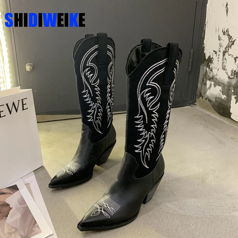 

Western Cowboy Boots for Women Pointed Toe Women's Shoes Brand Embossing PU Leather Shoes Mid-calf Chunky Wedges Boot AB954