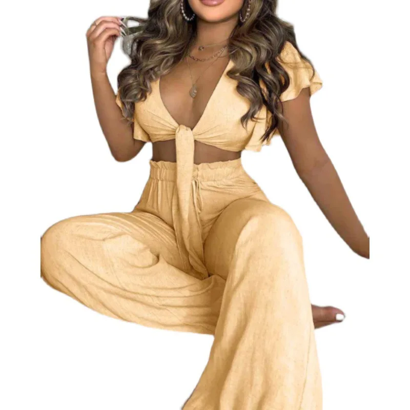 

2021 summer new style cotton and linen short sexy top + high waist trousers ladies suit