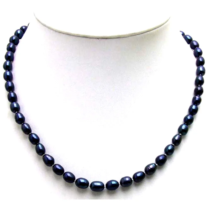 Qingmnos Natural Black Pearl Necklaces for Women with 7-8mm Rice Freshwater 17&quot Chokers Jewelry Collares Femme n5591 | Украшения и