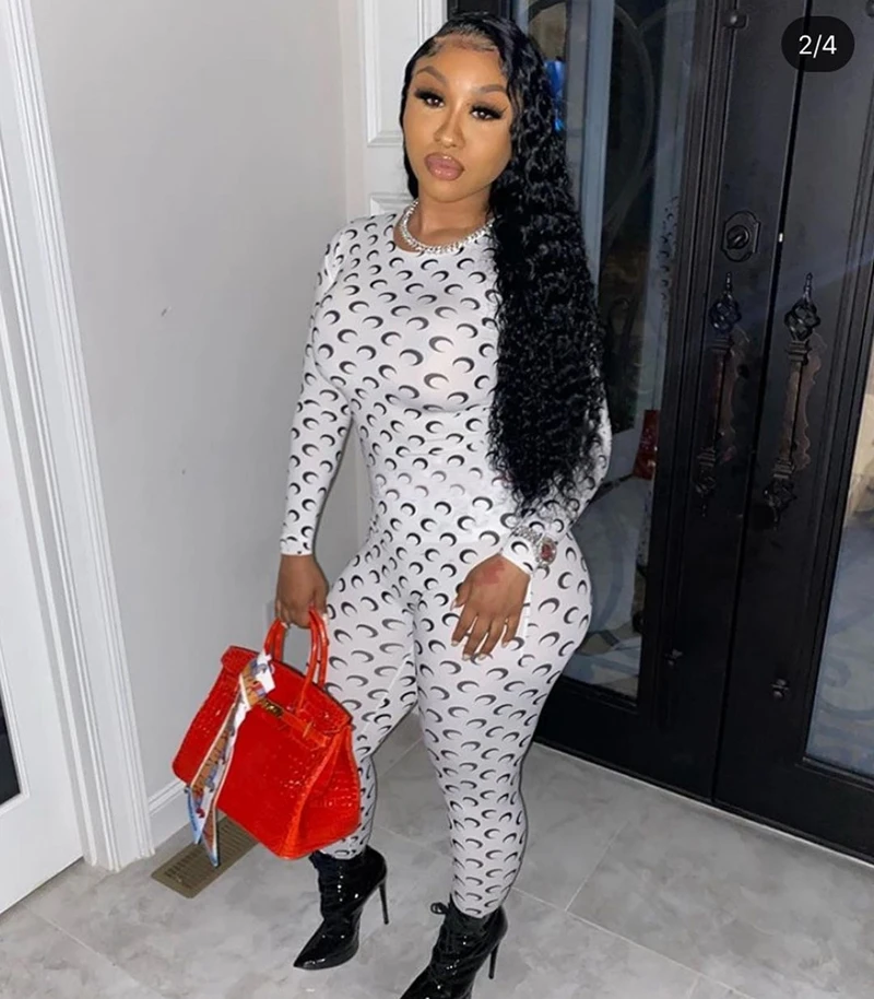 

STYLISH LADY Moon Printed Rompers and Jumpsuits 2022 Spring Women Long Sleeve O Neck Bodycon Club Party Elastic Elegant Overalls