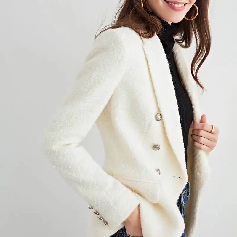 Brand Fashion Women High Luxury Autumn  Spring Vintage Wool Woolen Suit Blazer Jacket Coat