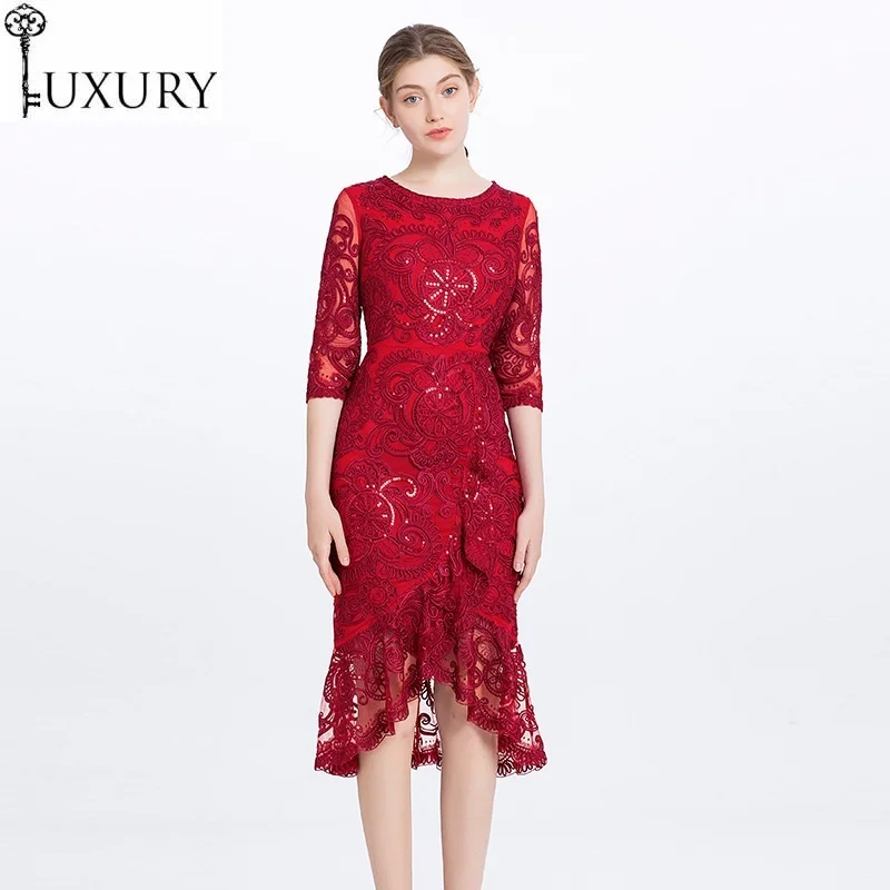 De XXXXL Festa Vestidos 2020 Autumn Party Events Women Allover Appliques Embroidery Bodycon Sheath Dress Wine Red Purple