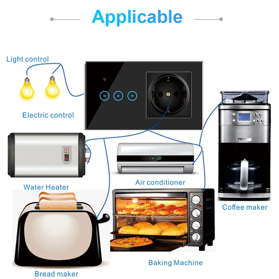1 2 3 Gang Wifi Smart Touch Switch With EU Electrical Socket Crystal Glass Panel Tuya Wall Light APP Control | Обустройство дома