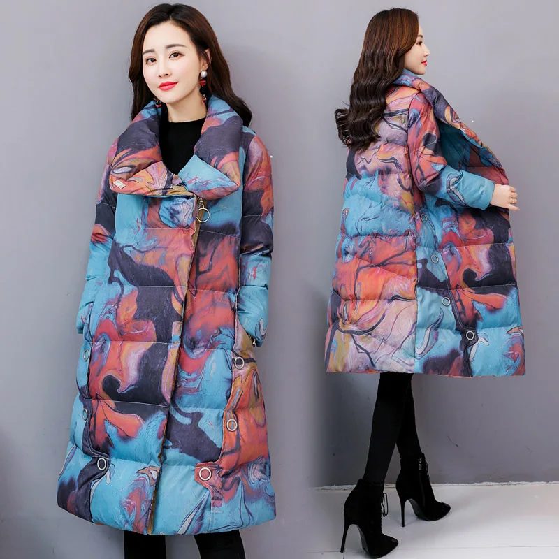 

Korean Winter Fall Fashion Woman Clothes Womens Warm 4xl Padded Printed Pattern Parka Coat , Stand Collar Coats Parkas for Women