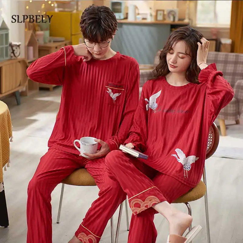 

SLPBELY Couple Red Pajamas Set Autumn Lovers Men Women Wedding Long Sleeve Bird Printed Shirt Pants Sleepwear Homewear Nightwear