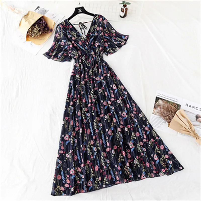 

Women Ruffle sleeve Ruffles V-neck Chiffon summer Dress 2020 Short sleeve Floral print long dress Slim High Waist Vestidos 196