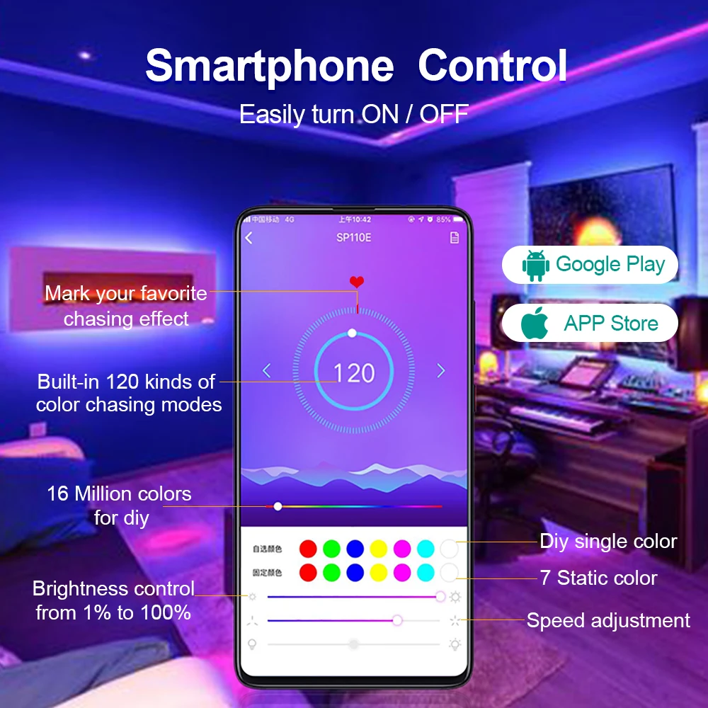 Светодиодная лента RGB 5 м 10 30/60 светодиодов/м SP110E Bluetooth управление через приложение