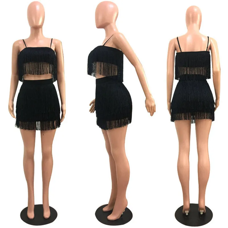 YEYA tassels комплект из двух предметов для женщин Спагетти ремень открытая спина укороченный топ Высокая талия черные шорты комбинезон сексуальный 2 шт. наряды Комбинезоны
