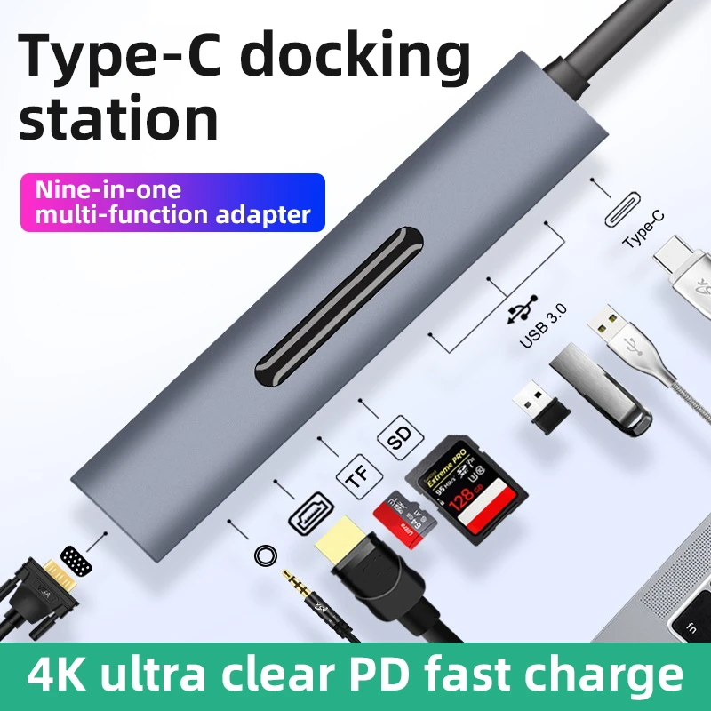 

Док-станция 9 в 1, 4K Type C PD, USB 3,0, TF/SD-карта