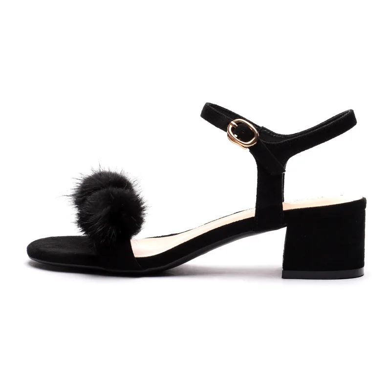 

Women Sandals High Heels Sandals Chaussures Femme Flock Buckle Strap 4CM Thick High Heels Round Toe Shallow Back Strap size35-40