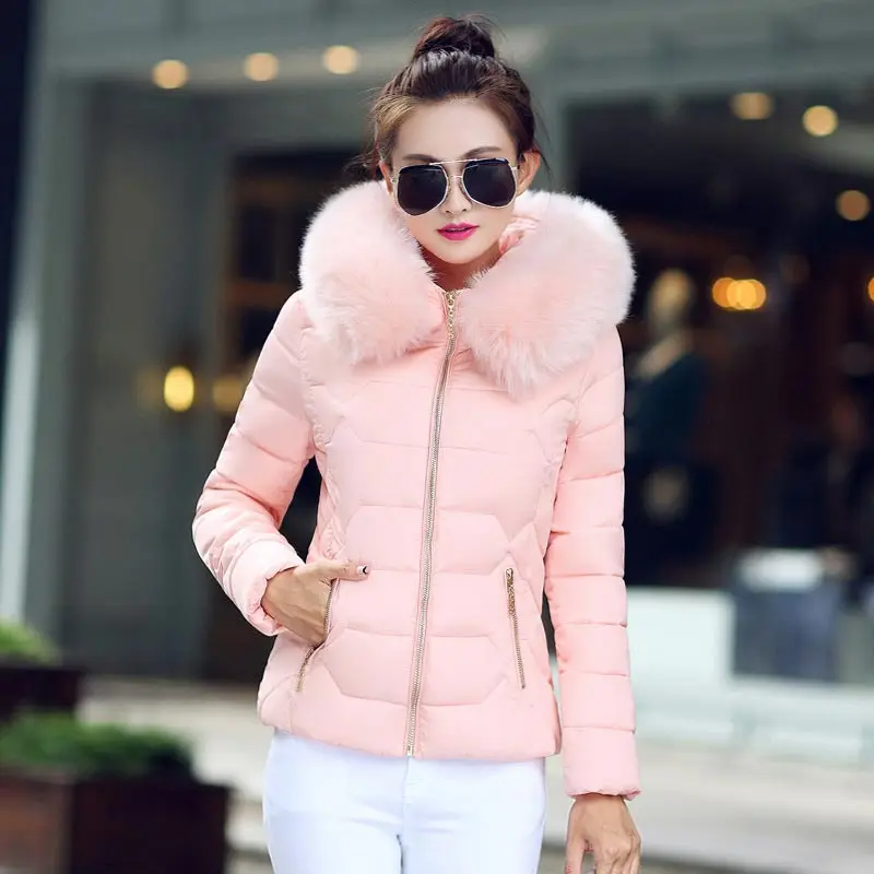 Pink Пуховое пальто для женщин, облегающие зимние куртки для женщин, новинка, меховой воротник, с капюшоном, теплый женский пуховик, верхняя одежда, зимнее пальто, женская куртка - Цвет: Pink