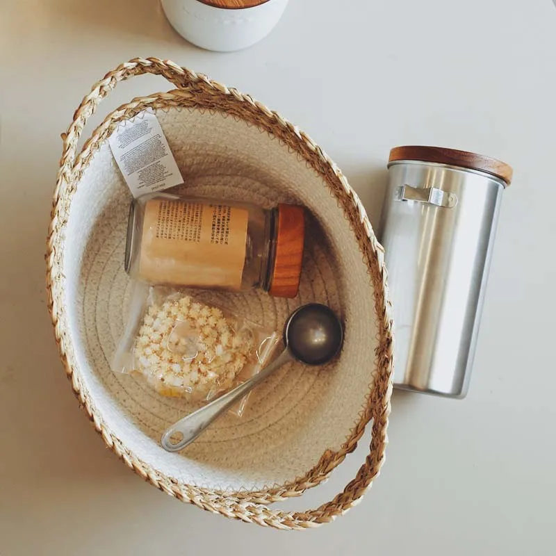 

Cotton Rope Straw Woven Storage Basket Bedside Tabletop Snacks Debris Basket Desktop Sundries Cotton Storage Box