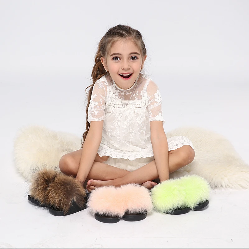 Детские меховые шлепанцы Меховые домашние тапочки Пушистые для дома Летние