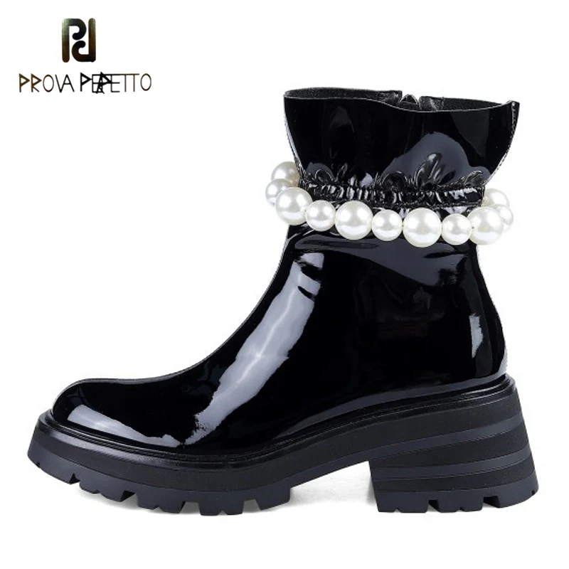 

Sheepskin Patent Leather Small Fragrant Pearl Chain Thick Heel Platform Short Boots Black and White Martin Boots Women's Boots