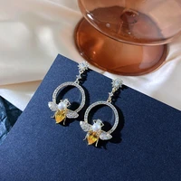 luxury crystal yellow bee earring for woman party wedding rhinestone round earrings