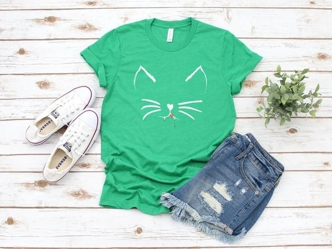 

Women T Shirt Cute Cat Face Print Tshirt Women Short Sleeve O Neck Loose T-shirt Ladies Summer Causal Tee Shirt Clothes