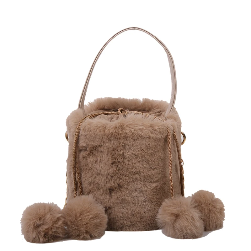 Plush Tote Bags Chain Bucket Bag Soft Fluffy Bag Drawstring Furry Bags For Women 2021 Luxury Designer Handbag Fur Shoulders Bags