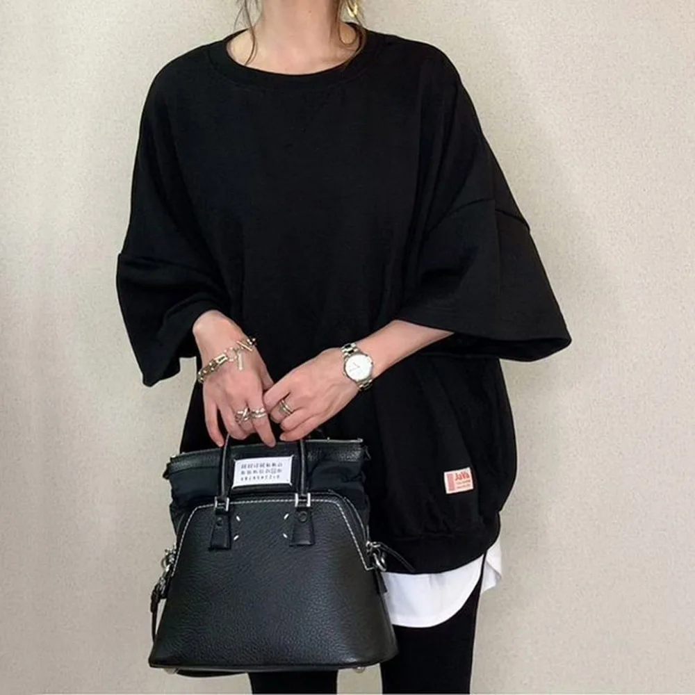 

Women's T-Shirt Oversize Fashion Korea Loose Girls Tops Fake Two Pieces Plain Splicing Sports Woman Clothing Casual Chic Tops