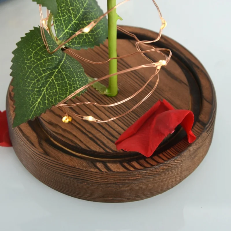 

Beauty and the Beast Rose Red Rose in a Glass Dome with A Wooden Base for Valentine's Gifts Wedding Anniversary Birthday