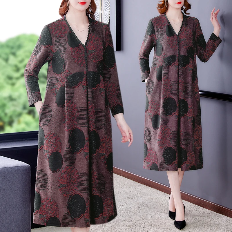 

Red Knitted Print V-Neck Long Sleeve Midi Dress Autumn Winter 5XL Elegant Loose Waist Dress 2023 Korean Vintage Evening Dress