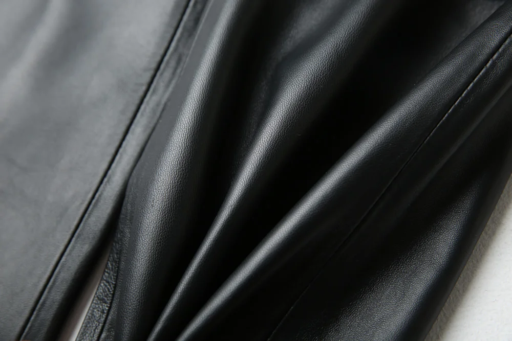 

2020 New Womens Streetwear Long Pants Slim Trousers Genuine Leather Sheepskin Black Female Fashion Flare Pants