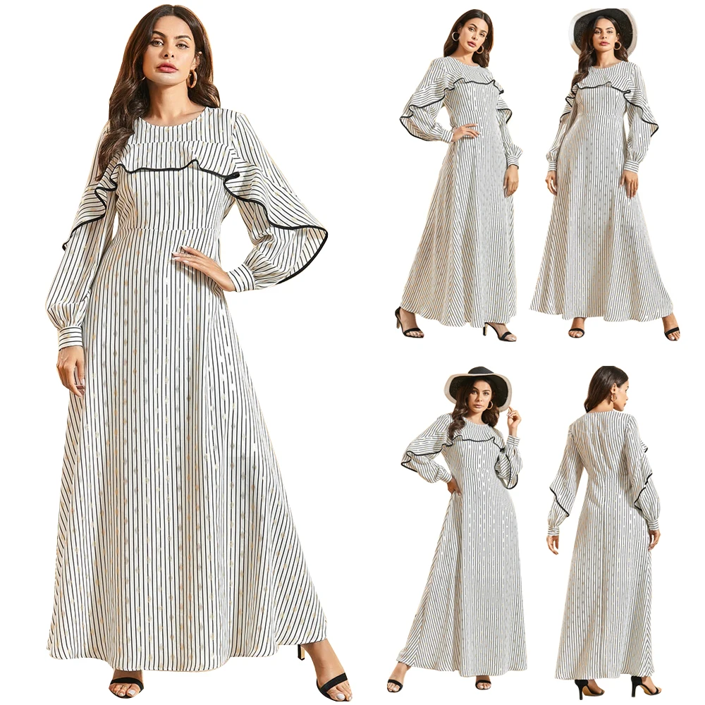 

Женское платье в полоску, с длинным рукавом, винтажное свободное платье в стиле бохо, для Рамадана, женские мусульманские Длинные