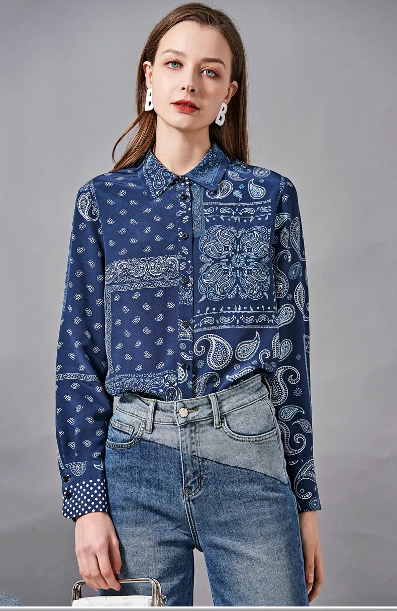 

100% Silk Women's Shirt Turn Down Collar Long Sleeves Printed Elegant Fashion Blouse Tops