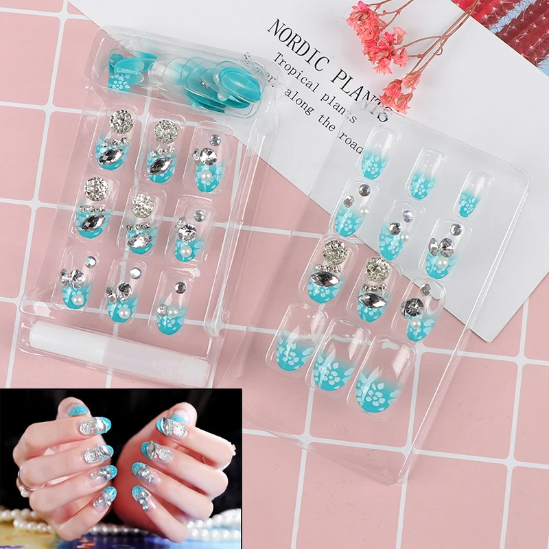 24 шт. Розовые Овальные длинные ногти для невесты Элегантные Синие накладные