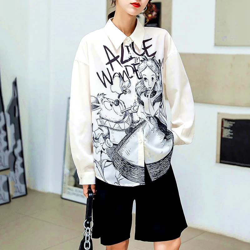 

Fashion Chic Cartoon Pattern Loose Chiffon Shirts Women Oversize Casual Style Beige Blouse Women Tops Retro Women Clothing SL378