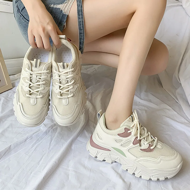 

2021 Women Fashion Vulcanized Sneakers Platform Solid Mesh Flats Ladies Shoes Casual Breathable Lace Up Ladies Walking Sneaker