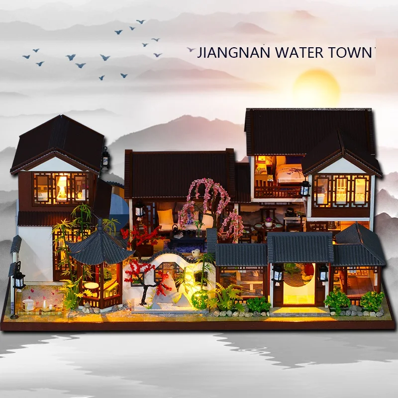 

Chinese Architecture DIY Dollhouse Jiangnan Water Town Kit Assembled Miniature with Furniture Doll House Toys for Girls Gifts