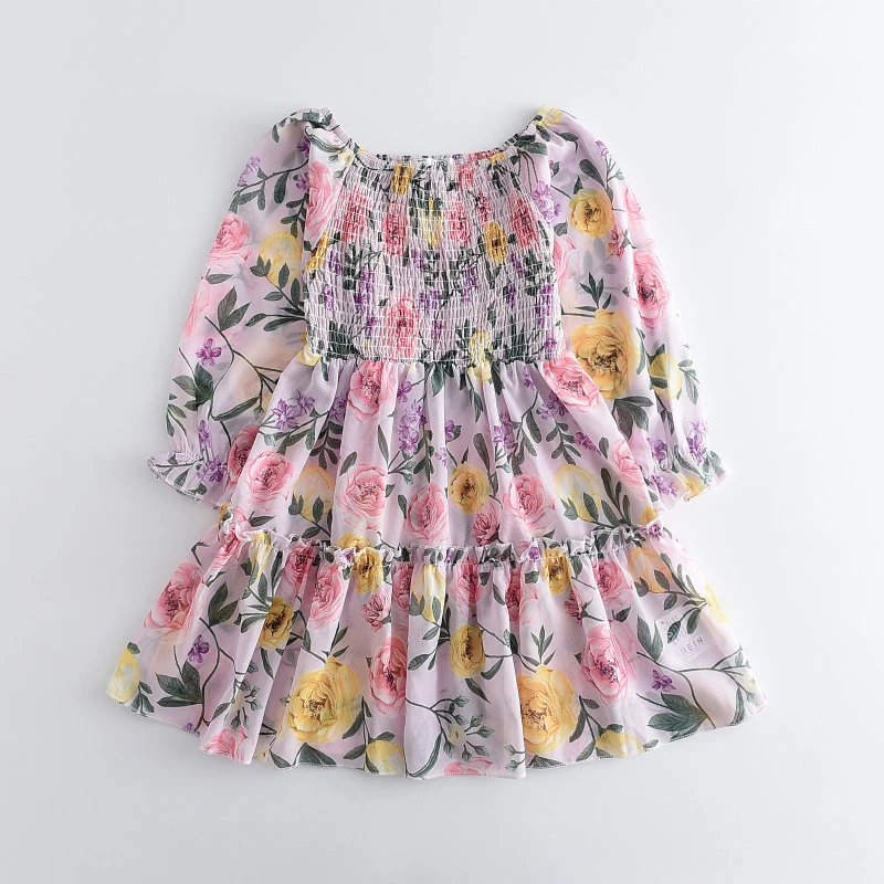 

Keelorn Girl Casual Dresses 2021 Fashion Autumn Baby Girl Flowers Print Princess Vestidos Kids Ruched Clothing 3-7 Years