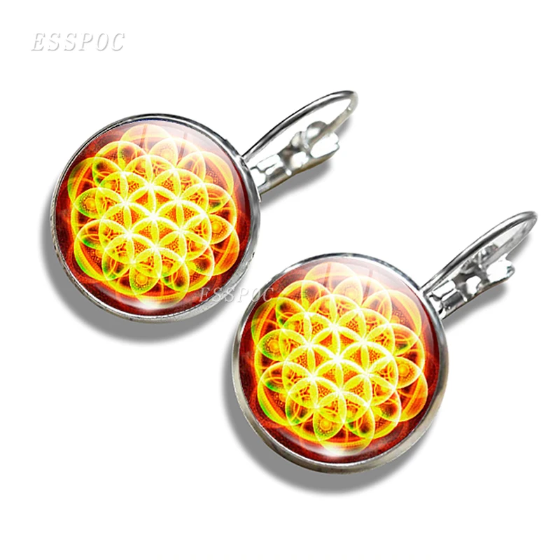 Серьги-кольца с узором мандалы стеклянные кабошон цветок жизни Мандала крючок