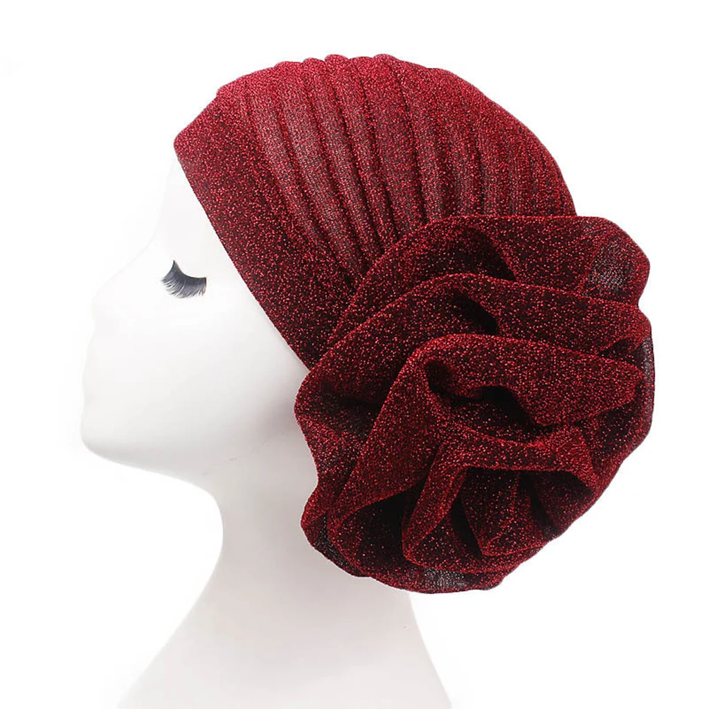 

Womens Flower Pleated Head Wrap Muslim Turban Cap - 6 Colors Wine Red/Green/Peacock Blue/Black/Pink/Purple