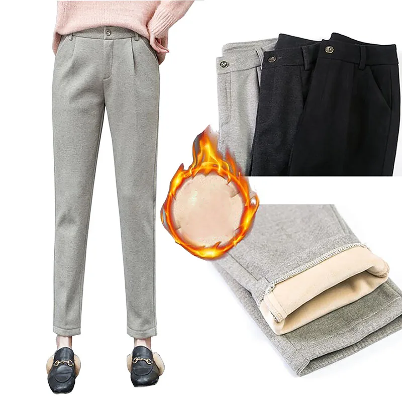 

Брюки женские шерстяные с высокой талией, утепленные повседневные штаны-султанки из бархата, теплые черные штаны, зима 2020