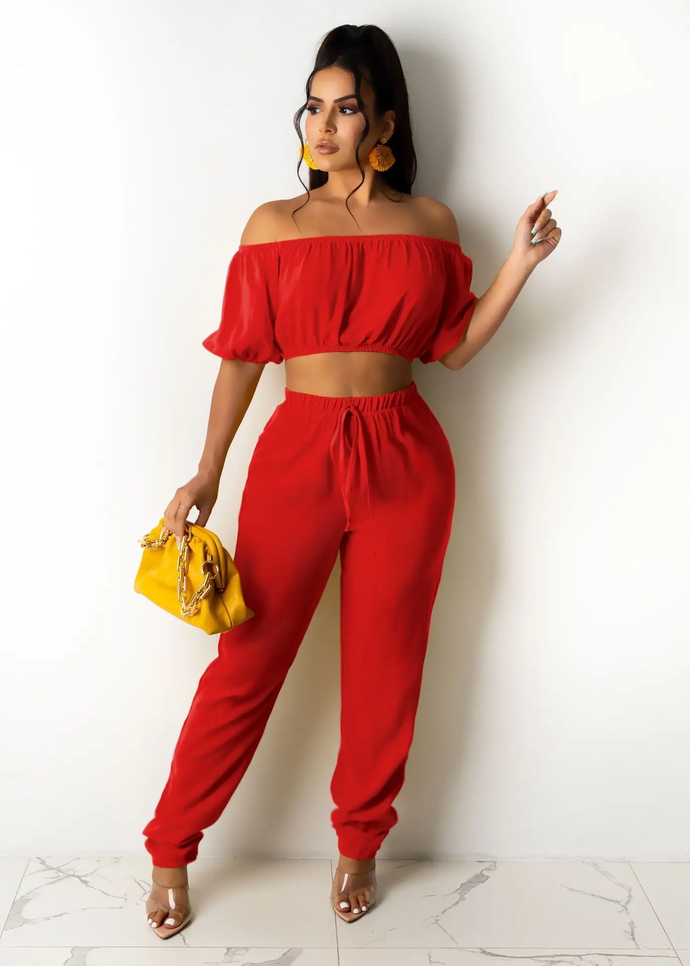 

Summer Off Shoulder 2 Piece Outfits Women's Bodycon Slash Neck Crop Top and Drawstring Long Pants Set Solid Streetwear for Women