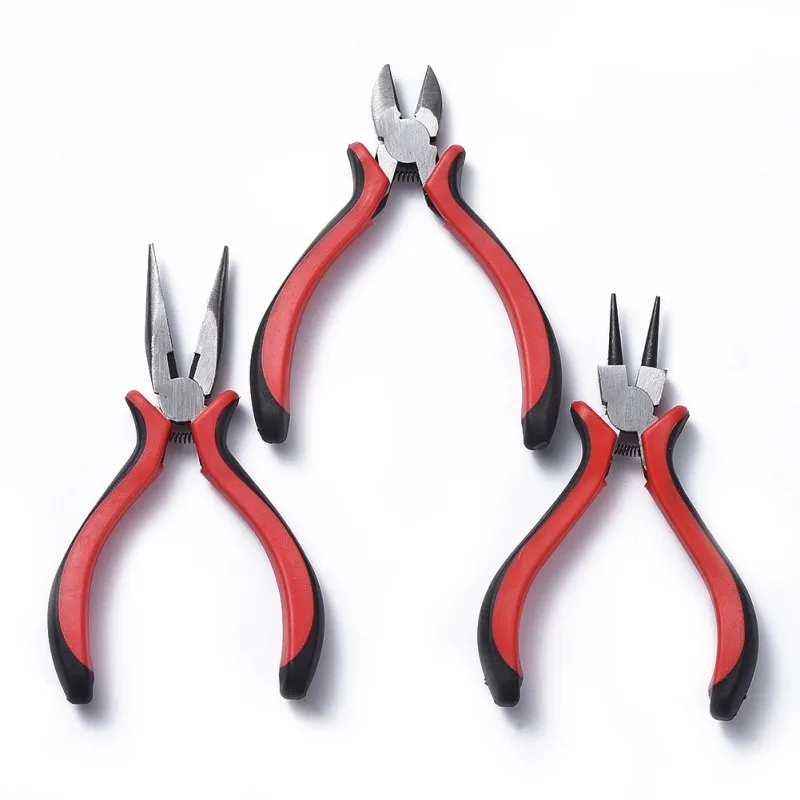 

3pcs/set Stainless Iron Jewelry Tool Sets: Round Nose Pliers, Wire-Cutter Pliers and Side-Cutting Pliers, Red, 114~131mm