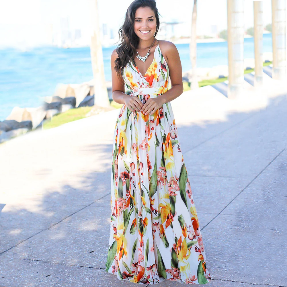 

Spring Summer Sexy Casual Women Long Dress High Waist V-Neck Open Back Sleeveless Holiday Beach Dress Sling Print Robes Halter