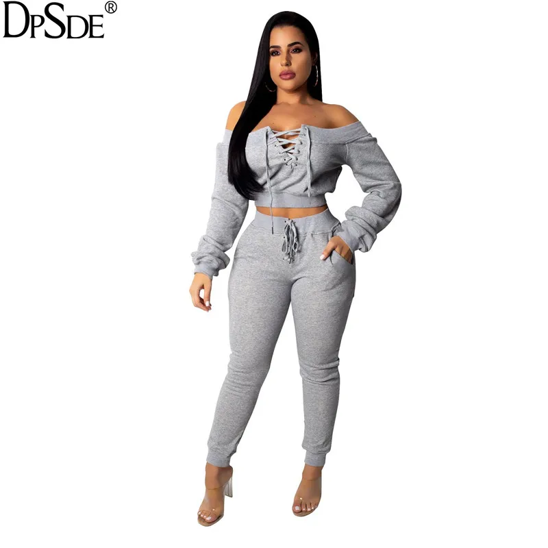 DPSDE Black Sports Bandage Warm Two Pieces Women Set Autumn Off Shoulder Skinny Casual Top 2020 Lace-Up Shwo Thin Bodycon Pants |