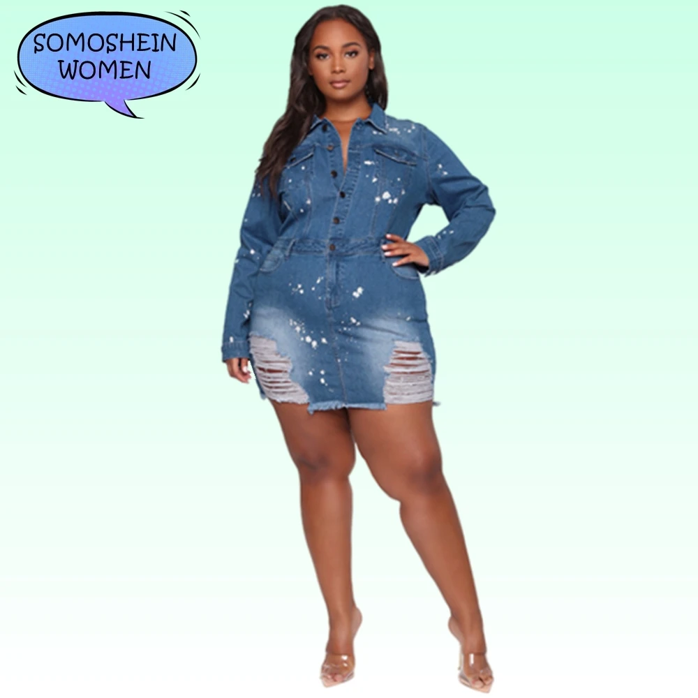 

Somoshein Plus Size Denim Dress L-5XL Ripped Holes Fashion Streetwear Stonewashing Mini Jeans Dresses Casual Women Clothing