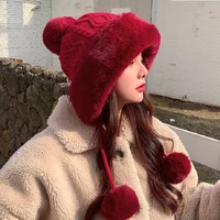 2021 new pompom winter hats for wome earmuffs thicken ear flapped hat fleece lined girl knit bonnets cute ladies ear beanies cap