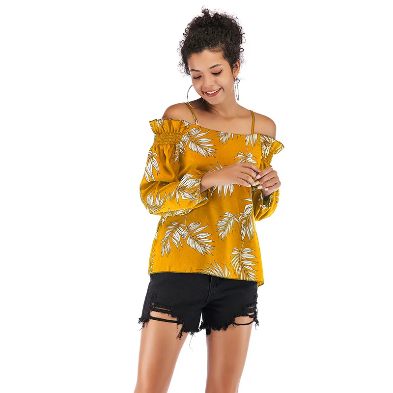 

New Women's Blouses 2020 Autumn Female Leaf Print Blouse Sexy Suspender Off Shoulder Long Sleeve Casual Beach Shirt Female Top