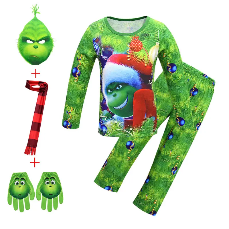 Boys The Grinch Christmas Pajamas Set New Xmas Hot Sale Kids Sleepwear Nightwear Cosplay Homewear+mask+scarf+gloves Pjs | Детская одежда