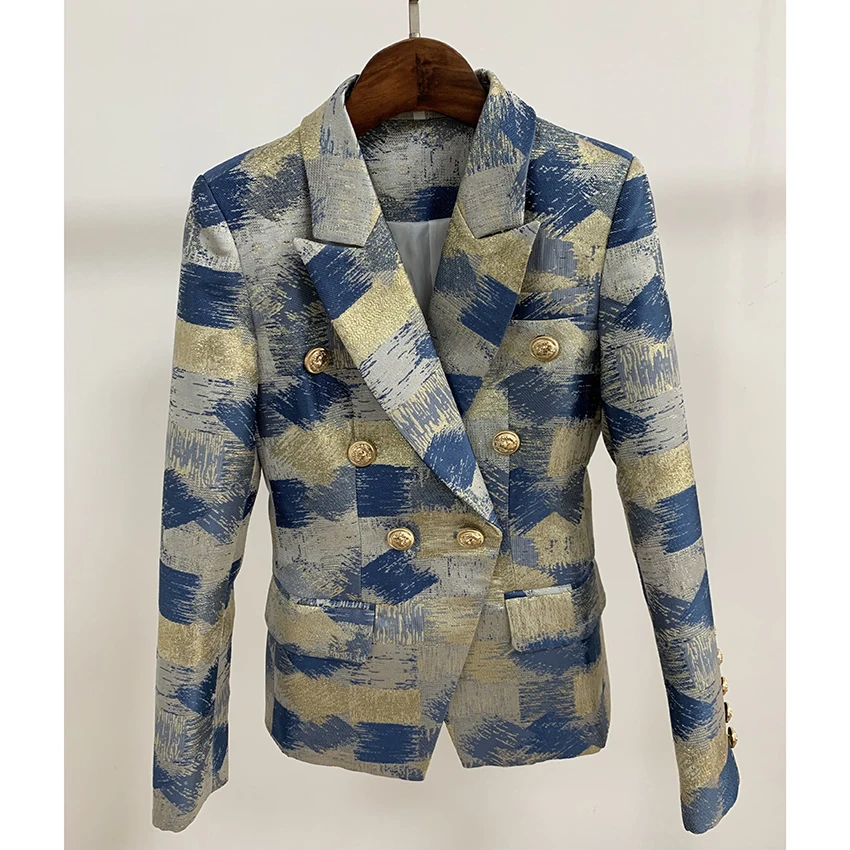 

Stylish 2021 NEW Designer Blazer Women's Lion Buttons Double Breasted Colo Block Jacquard Blazer Jacket Outer Wear