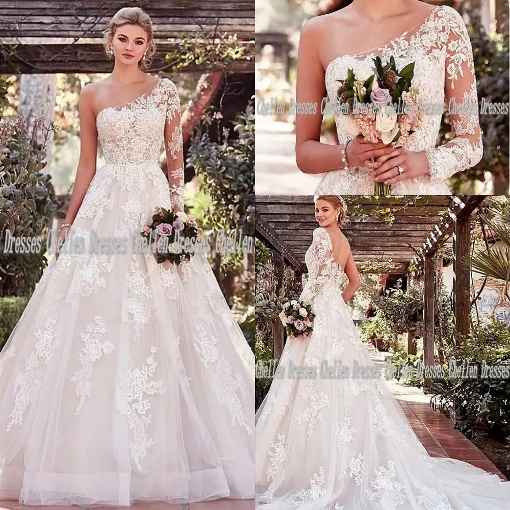 

2021 New Elegant Unique Sheer Sweetheart One Shoulder Custom Made Lace Applique Illusion Backless Tulle A Line Wedding Dress Ves